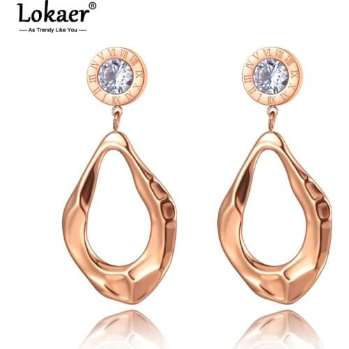 Lokaer Hyperbole Stainless Steel Irregular Geometric Earrings Bohemia CZ Crystal Roman Numeral Earrings Jewelry For Women E20249