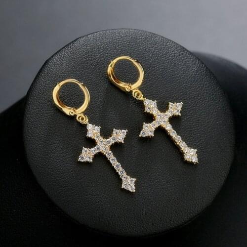 Fashion High Quality Inlaid Zircon Cross Metal Hip Hop Simple Earrings Jewelry for Men and Women