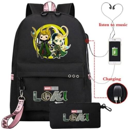 Boys Girls Fashion Backpack + Pencil Case Comics Loki Backpacks School Bag Bookbag Women Men USB Travel Shoulder Laptop Bags