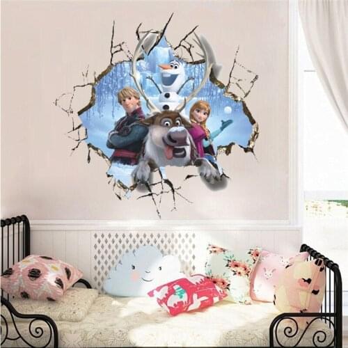 Cartoon Kristoff Olaf Anna Princess Broken Hole 3d Wall Stickers For Home Decoration Frozen Anime Mural Art Kids Room Wall Decal