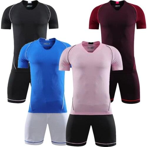 Men short sleeve pink soccer jersey set black adult football uniform man blue team soccer shirt customized name DIY number