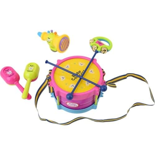 5pcs Baby Roll Drum Musical Instruments Band Kit Children Toys Gift Set Drum/Handbell /Trumpet/Sand Hammer/Drum Stick