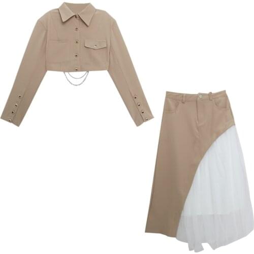 2021 NewAutumn suit Women Temperament short suit jacket+High waist stitching meshMesh Skirts Vintage Elegant Woman Two Piece Set