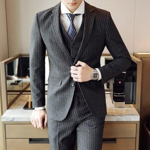 Jacket + Vest + Pants ) 2019 New Mens Fashion Boutique Striped Formal Business Suits High-end Boutique Wedding Groom Suits