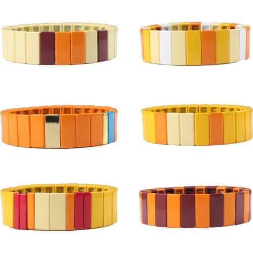 Rainbow Enamel Tile Bracelet Color Woman Bohemia Elastic Stackable Tile beads woman Bracelet valentines day girl friend Gift