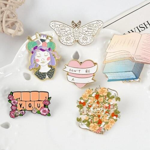 Pink Love Enamel Pin Keyboard Surrounded by Flowers Book Ribbon Brooches Moth Animal Badges Gift for Woman Jewelry Girl Heart