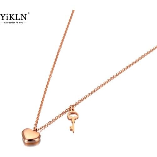 YiKLN Trendy Goth Stainless Steel Heart & Key Charm Pendant Necklaces Rose Gold Chain Link Choker Necklace For Women YN20058