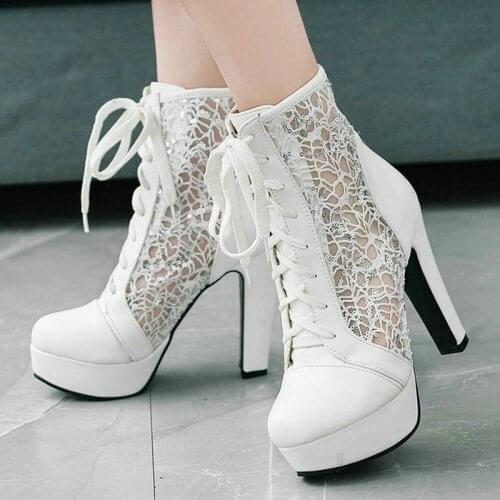 2021 Summer Women Ankle Boots Platform Square High Heel Ladies Mesh Boots PU Leather Dress Women Lace Up Boots Plus Size 34-43