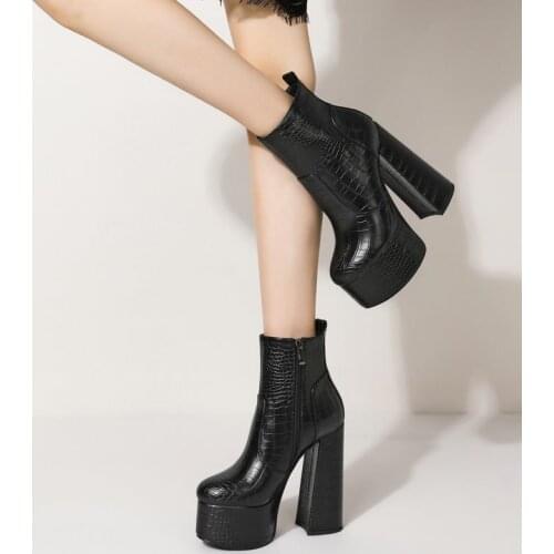 2021 New Mid Calf Boots Lady Spring Autumn Super High Heel Round Toe Platform Short Boots Lady Stone Pattern Zipper Women Shoes