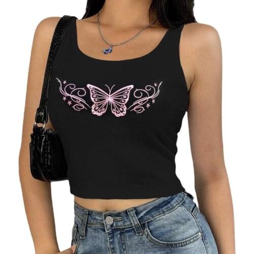 Womens Summer U-neck Vest 2021 Fashion Butterfly Embroidery Exposed Navel Sleeveless Tops Daily Wear