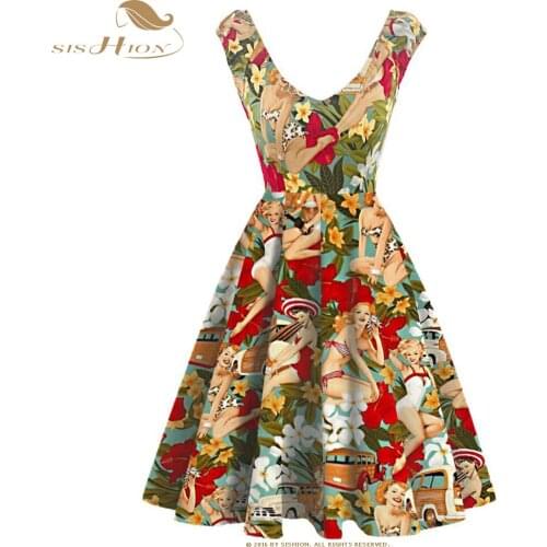 SISHION Floral Print V Neck Sexy Women Summer Dress vestidos VD1913 Short Sleeve Swing 50s 60s Retro Vintage Dresses