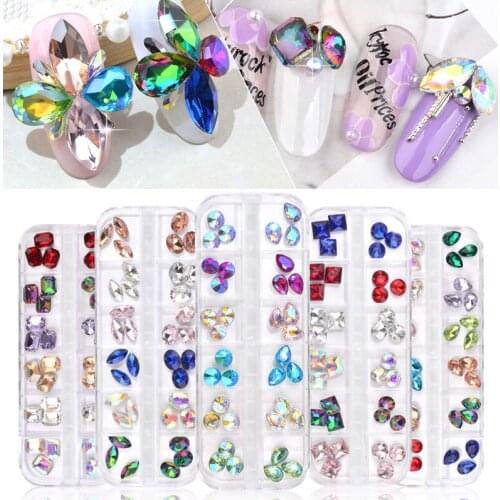 1 Box Colorful Nail Rhinestones Mixed Oval Waterdrop Round Chameleon AB Crystal Glass Strass 3D Glitter Nail Art Decorations