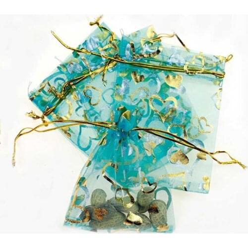 17*23cm 100pcs Blue Gold Heart Gift Bags For Jewelry/wedding/christmas/birthday Yarn Bag With Handles Packaging Organza Bags
