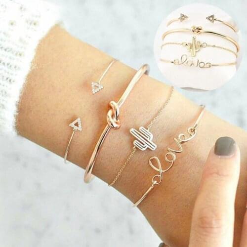 4 Pieces/set Ladies Golden Triangle Romantic Love Cactus Open Chain Bracelet Bracelet Charm Bracelets Jewelry for Women Gift