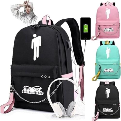 Billie Eilish Canvas Backpack USB Charge Women/Men Students Backpack Letters Print School Bag Teenager Girls Ribbons Backpack