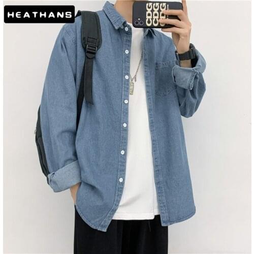 Retro Korean Loose Casual Denim Mens Shirt Jacket Long Sleeve Jean Shirts Male Spring Autumn Hip Hop Fashion Youth Men Clothing