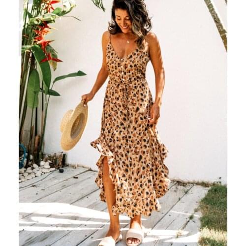 GypsyLady Summer leopard Strappy Maxi Dress Deep V Ruffles Boho Holiday Beach Casual Dress Sexy Ladies Female Women Dress 2021