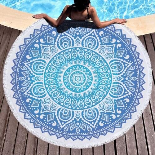 Fashion Bonenjoy Blue Color Bohemia Beach Towel Mandala Round Tassel Yoga Mat Toalla Beach Towel Diameter 150cm