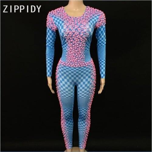 Fashion Pink Pearls Stones Blue Plaid Pattern Jumpsuits Spandex One Piece Women' Outfit Women Singer Leggings