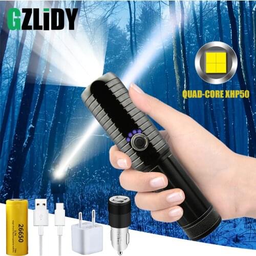 Powerful LED Flashlight with XHP50 Lamp Bead Waterproof Tactical Torch USB Rechargeable High Power Camping Hunting Lights
