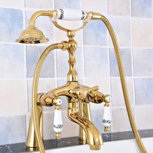 Deck Mounted Modern Polished Gold Brass Bathroom Tub Faucet Set with 150CM Handheld Shower Spray Head Bath Mixer Tap 2tf789
