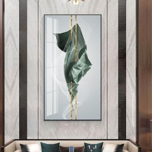 Fancy Abstract golden line White yarn Green silk Modern decorative Picture Canvas Wall Art Poster for room Porch office deco