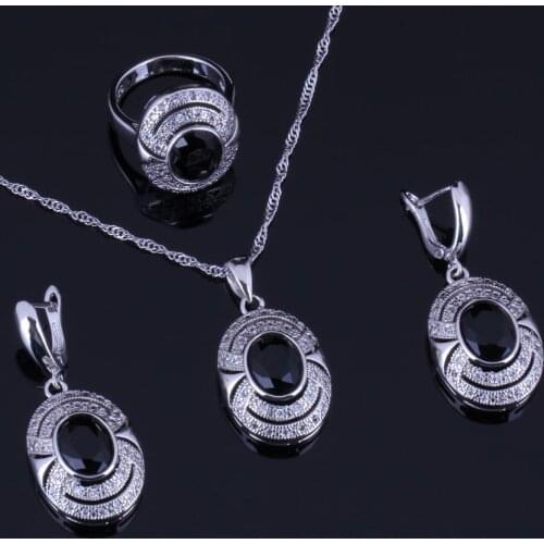 Rare Oval Egg Black Cubic Zirconia White CZ Silver Plated Jewelry Sets Earrings Pendant Chain Ring V0272