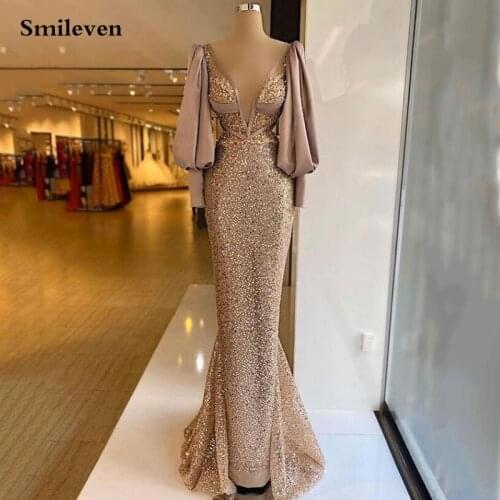 Smileven Gold Sparkly Sequins Saudi Arabia Mermaid Evening Dress Sexy V Neck Long Full Sleeve Dubai Prom Gowns Party Dress