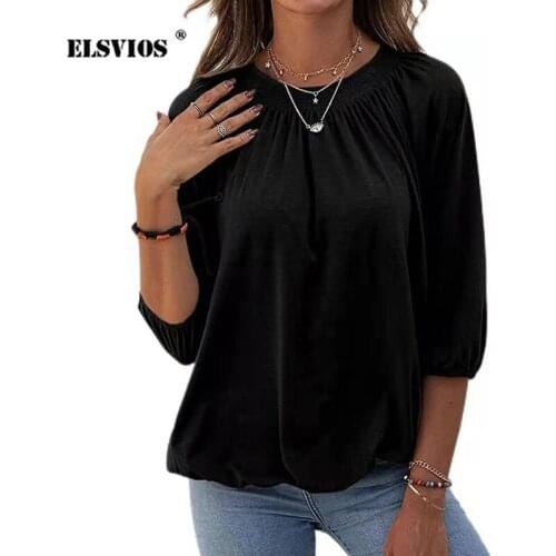 Loose Casual Solid T-Shirt Womens Puff Half Sleeve Folds O-Neck Pullover Tops 2021 Spring Autumn Female Elegant Streetwear Tees