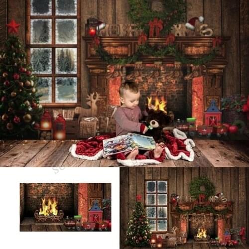 Vinyl Photography Backdrop Christmas Trees Wreath Fireplace Wood Window Photo Background Photocall Photoshoot Baby Shower Party