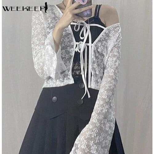 Weekeep White Lace Transparent Bandage TShirt Women Flared Sleeve Casual Baggy Cardigan Summer Korean Fashion Knitted Streetwear
