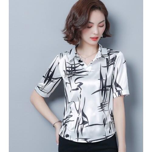 Summer New Large Size Shirt Women Loose Silk Temperament Top Clothes Female Short-sleeved Turn Down Collar Print Blouse H9153