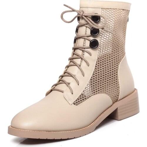 AGODOR Big Size 34-43 Women Ankle Booties Summer Boots Square Mid Heel Cut Out Lace Up Ankle Booties Women Shoes Ladies Boots