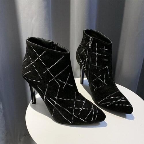 Female Crystal Women Short Boots Woman Stiletto Heels Zip Pointed Toe Ankle Boots Ladies Suede Womens Thin High Heel Shoes 2020