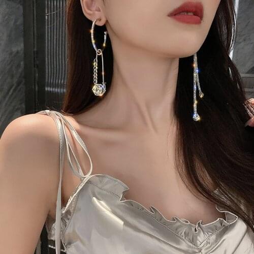 2020 New Korean Elegant Asymmetry Crystal Long Tassel Earrings For Women Luxury Shining Drop Earring Party Wedding Jewelry