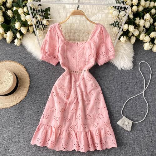 Summer 2021 new female French age-reducing puff sleeve scheming hollow slim short ruffled sweet dress hollow out dresses female