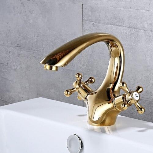 Gold Bathroom Basin Solid Copper Sink Mixer Faucets Hot & Cold Double Handle Deck Mounted Lavatory Crane Water Tap Antique Brass