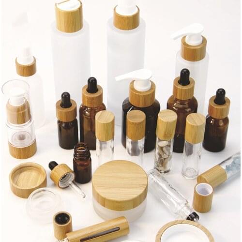 10pcs Bamboo cover Frosted Clear pumps tops bamboo lotion bottle 30ml 50ml 100ML 120ML 150ML Glass Mist Spray Bottle perfume 4oz