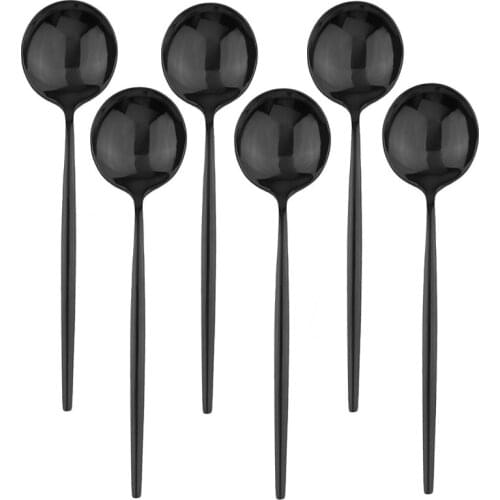 6Pcs Black Dessert Spoon Set Long Handle Spoon Mirror Cutlery Flatware Stainless Steel Tableware Kitchen Accessories