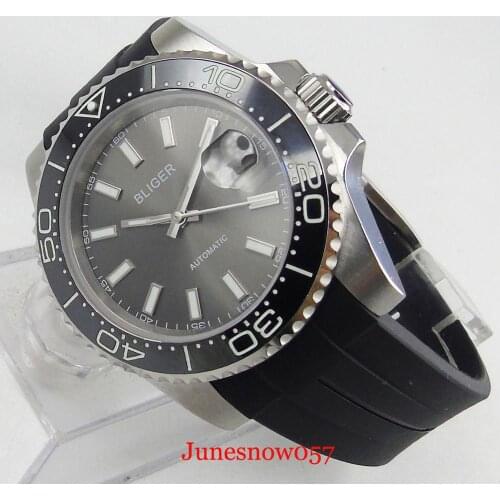 BLIGER Grey Mechanical Men Watch Sapphire Glass MIYOTA Movement Rubber Band Rotating Bezel Date Window