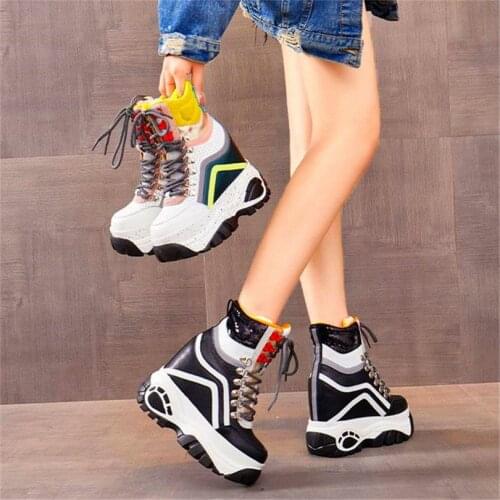 Punk Goth Fashion Sneaker Womens Buckle Cow Leather Ankle Boots Round Toe Platform Wedge High Heel Oxfords Lace Up Shoes