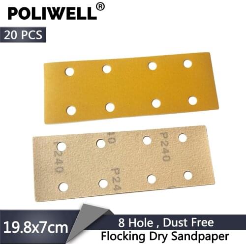 POLIWELL 20PCS 198x70mm 8-Hole Dry Sandpaper for Hook and Loop Manual Sanding Block Grit 80 120 180 240 320 400 Sanding Sheets