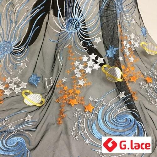 GLace 3Y/Lot space pattern embroidery fabric black mesh fabric clothing skirt curtain childrens home dress decorationTX116