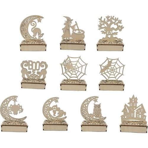 H7JB Halloween Hollow Out 3D Wooden LED Light Witch Ghost Decorative Desk Night Lamp