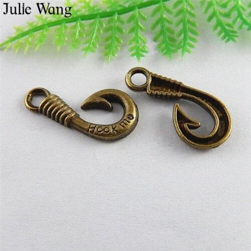 Julie Wang 20pcs Alloy "Hook Me" Hook Shape Antique Bronze Charms Necklace Pendants Earrings Findings Jewelry Making Accessory