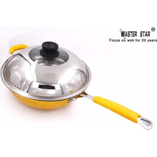 Master Star Luxury Yellow Woks 304 Stainless Steel Wok With Cover Non-stick Large Pot Kitchen Cookware Induction Cooker
