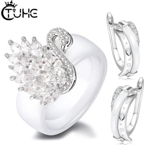 Crystal Swan Jewelry Sets Healthy Ceramic Material Women Rings Stud Earrings for Women Engagement Gift Wedding Ring Jewelry