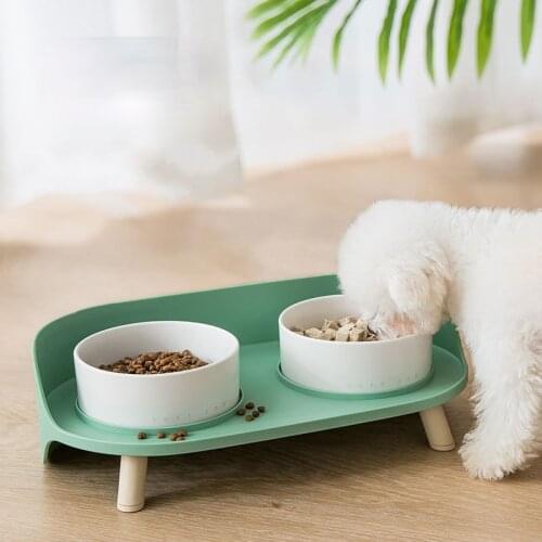 Cat Bowls with stand Cat Food Water Feeder Puppy Ceramic Double Drinking Dish Bowl Wooden Rack Pet Cat Tableware food tray