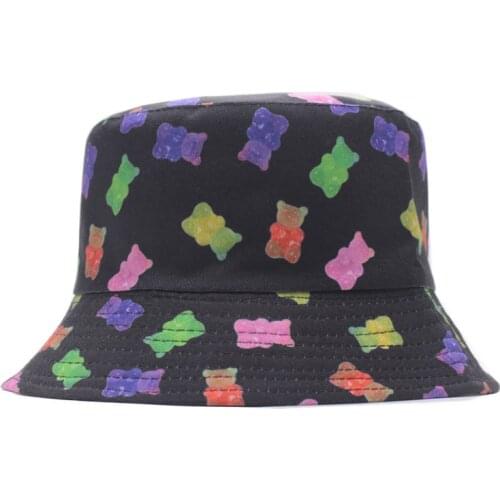 Summer Fisherman Hat Reversible Cartoon Bucket Hats For Women Men Street Hip Hop Bucket Cap Vintage Bear Printed Fishing Hat
