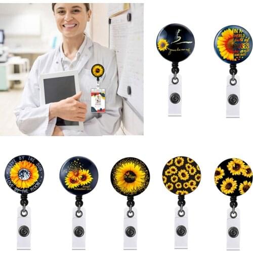 Fashion ID Badge Holder 360 Rotating Alligator Clip Sunflower Retractable Doctor Nurse Badge Reel Key Ring Name Tag Card Holder